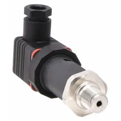 Pressure transmitter with 0 to 200 psi range, 1 to 5V DC output, and ±0.50% Full Scale accuracy. Features a DIN 43650 Form A connector and 1/4 in Male NPT process connection. Housed in an IP67-rated nylon enclosure with NEMA 4X rating. Suitable for monitoring and controlling pressure in industrial hydraulic, pneumatic, and process systems.