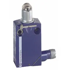Roller lever-arm limit switch from the XCMD series with a 0.14-inch roller width. Features two mounting holes and a 4-pin M12 connector for electrical connection. Used for position sensing and control in industrial automation, such as on conveyors, packaging machinery, and material handling equipment.