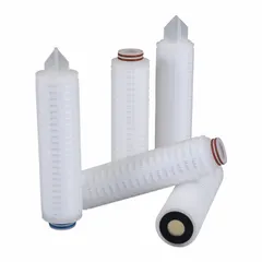 Pleated water filter cartridge with polypropylene media, rated at 0.4 micron for fine particle removal. Flow rate of 5 gpm and 10-inch overall height. Used in industrial water systems for pre-treatment or process water polishing.