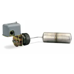 Side-mounted float switch with a 90° float rod angle and screw clamp electrical connection. Designed for liquid level detection in tanks or vessels, requiring a minimum media specific gravity of 0.85 for operation. Suitable for industrial level control or alarm applications.