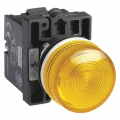 22 mm panel-mounting LED pilot light with yellow lens. Rated for 24 V AC/DC maximum supply voltage. No push-to-test function. Used for visual status indication in industrial control panels and automation systems.