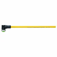 Single-ended cordset with a 7/8" female right-angle connector and bare wire termination. Features 3 pins, 16 AWG wire, and a 1.5 m yellow PVC jacket. Rated IP68 for protection against dust and water immersion. Suitable for connecting sensors and actuators in industrial environments requiring flexing cable.