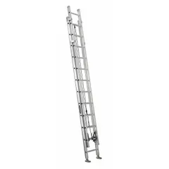 This 24 ft aluminum extension ladder has a 375 lb load capacity and weighs 52 lb. It features a fixed fly and mar-resistant end caps. Suitable for tasks requiring elevated access, such as building maintenance and construction work.