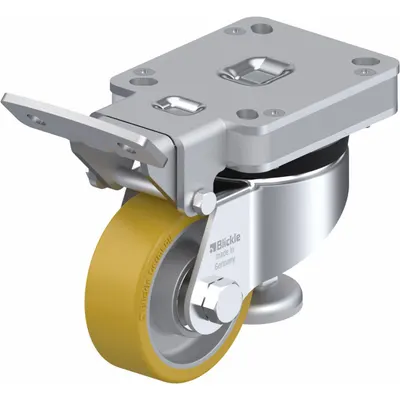 BLICKLE Plate Caster: Polyurethane Tread, Steel, 80 mm Wheel Dia, 122 mm Mounting Ht - Quick-Engage Pedal-Style Leveling Plate Casters