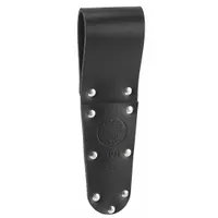 Black leather tool pouch with one pocket, open top, and belt slot for belts up to 1 1/2 inches wide. Designed to carry scissors for quick access during electrical, maintenance, and industrial tasks