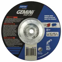 General-purpose grinding wheel for carbon and stainless steel. Type 27 depressed center design with 7" diameter, 1/4" thickness, and 5/8"-11 arbor. Aluminum oxide abrasive, 24 grit. Suitable for material removal in fabrication, welding, and maintenance tasks