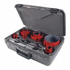 Bi-metal hole saw kit with 5/6 teeth per inch, maximum cutting depth 1 15/16 inches. Suitable for cutting wood, metal, plastic, and drywall in plumbing, electrical, and general construction applications.