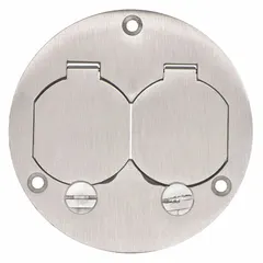 Round floor box cover in brushed aluminum with a silver finish. Designed for use with compatible floor boxes to provide a finished cover plate for wiring and outlets in floor-mounted applications.