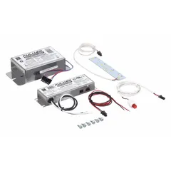 This emergency driver provides 500 lumens of backup lighting for LED fixtures during power outages. It operates on 120/277V AC input with a 2.8 A output current and uses a Nickel Cadmium battery. Designed for LED array retrofits, it supports code-compliant egress lighting in commercial and industrial settings.
