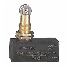 The OMRON Z-15GQ22 is a snap-action switch from the Z Series with a roller plunger actuator. It features 1NO/1NC contacts and a solder electrical connection, rated for 15 A at 250 V AC. This switch is used in industrial automation for position sensing, limit control, and interlock applications where a mechanical roller interface is required.