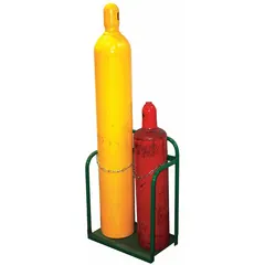 Portable carrying stand designed to transport and store two gas cylinders with diameters from 9 1/2 in to 9 1/2 in. Features a chain-securing system for stability. Suitable for industrial, welding, and laboratory environments requiring secure cylinder handling.