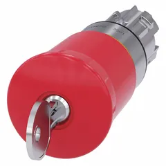 This metallic mushroom-head push-button operator from the Siemens 3SU series features a maintained action and a 22 mm mounting size. It is used as an emergency stop or control switch in industrial control panels and machinery.