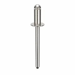 Domed-head blind rivet with 0.183" diameter and 1.726" overall length. Body length is 27/64" and overall length is 1 23/32". Supplied in a 250-piece pack. Used for fastening materials where only one side is accessible, common in metal fabrication and sheet-metal work.