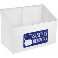 This table-mounted dispenser is constructed of white acrylic with a hinged top and tray-style layout. It features two compartments for dispensing bulk hairnets and is printed with 'Sanitary Headwear' text. Suitable for use in environments requiring organized dispensing of protective clothing