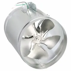 The TJERNLUND EF-14 is a 14-inch in-line duct fan designed for boosting airflow in HVAC systems. It operates on 120V AC, single-phase power, with a standard-efficiency motor and a single speed. The fan is speed controllable and includes an external junction box for wiring. Airflow ranges from 750 to 1,500 cfm at 0.000 in SP, suitable for overcoming long duct runs or restrictions.