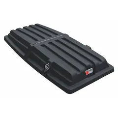 Hinged lid designed to cover tilt and cube trucks with 13.6 cu ft (0.5 cu yd) capacity. Made of black medium-density polyethylene (MDPE) for durability. Measures 60 inches long, 28 inches wide, and 7 7/8 inches high. Used in industrial, warehouse, and waste-management settings to secure contents during transport or storage.