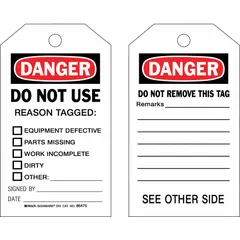 White lockout tagout tag with black/red text and cable tie fastener. Includes checkboxes for Equipment Defective, Parts Missing, Work Incomplete, Dirty, Other, and fields for Signed By, Date, and Remarks. Used to identify hazardous equipment or incomplete work during servicing. Supplied in a 10-pack.