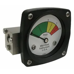 Differential pressure indicator with stainless steel housing and Viton sensor. Accuracy ±5% of full scale. Three color-coded transition points: green (0-5 psid), yellow (5-7 psid), red (7-10 psid). Suitable for monitoring filter condition in fluid systems.