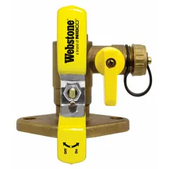 Brass full-port ball valve with flanged connections and integrated drain, designed for use in circulator pump installation kits. Features a steel handle and adjustable packing glands. Maximum operating pressure 600 psi. Suitable for isolating flow and draining hydronic heating or cooling systems.