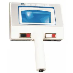 This handheld magnifier medical light operates on 120V AC via a power cord and plug. It provides 2.25x magnification (5 diopter) and includes an ultraviolet light. The 14 W fluorescent lamp is suitable for close-up examinations in clinical settings.
