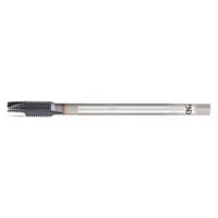 Spiral-point extension tap for threading multiple materials. Features a 7/16"-14 UNC thread size, H5 tolerance for 2B-3B class fit, plug chamfer, and 3 flutes. Constructed from V coated powdered metal. Suitable for through-hole and deep-hole applications in general manufacturing