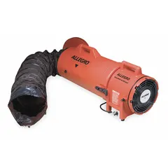 Axial blower and ducting combination unit delivering 900 cfm max flow in free air. Powered by a 1/3 hp motor at 115 V AC. Includes 15 ft of statically conductive ducting and a duct storage bag. Duct diameter is 8 in. Used for ventilating confined spaces such as tanks, vaults, and manholes to supply fresh air or exhaust fumes.