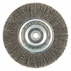 This light-cleaning brush is designed for carbon steel surfaces, featuring a crimped steel fill of 0.014 in. It is used for removing rust, scale, and light burrs without damaging the base material. The brush has a 6 in diameter, 3/4 in width, and a 5/8 in arbor, suitable for maintenance, fabrication, and metalworking applications.