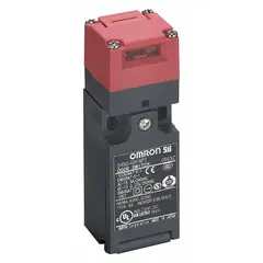 The OMRON D4NS-4BF-NPT is a hazardous-location safety-interlock switch from the D4NS series. It features a 2NC contact configuration, a front key hole location, a flat actuating key type, and an M20 terminal connection. This switch is used to guard access to dangerous machinery in industrial environments, interrupting power when the guard is opened.