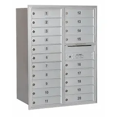 Horizontal multi-unit mailbox with 20 lockable front doors, designed for recessed mounting. Measures 41 3/8 in H x 31 1/8 in W x 16 1/2 in D. Suitable for centralized mail distribution in apartment buildings, condominiums, or commercial facilities.