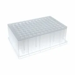 96-well multiple well plate made of colorless polystyrene with round wells. Each well has a diameter of 7.83 mm and a capacity of 1 mL. The plate is RNase/DNase free, suitable for cell culture, ELISA, high-throughput screening, and sample storage in laboratory settings.