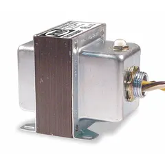 Open-style Class 2 transformer with 50 VA capacity. Steps down 277V AC input to 24V AC output. Features foot mounting and wire lead connections on both primary and secondary sides. Used for powering low-voltage control circuits, relays, and automation devices in commercial and industrial applications.