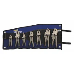 This set includes five curved-jaw locking pliers with maximum jaw openings of 2 in, 1-1/2 in, 1-1/8 in, 2-3/4 in, and 1-7/8 in. The knurled grip provides secure handling. Suitable for clamping, gripping, and holding workpieces in metalworking, fabrication, and maintenance tasks. Supplied in a bag.