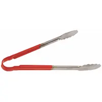 12-inch stainless steel tongs with a red finish and uncoated handle. NSF Certified for food safety. Suitable for food handling and serving in commercial kitchens and food service operations
