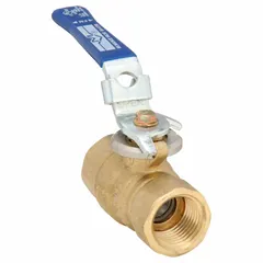 This manual two-way ball valve features a 1/2 in brass body with straight FNPT x FNPT connections and a full-port ball port for minimal pressure drop. The locking lever handle allows secure on/off flow control in water, oil, gas, and non-corrosive media systems.