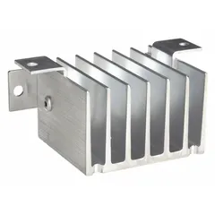 Aluminum panel-mount heat sink with integrated fan for active cooling. Designed for use with single or dual solid-state relays in industrial control panels and automation systems. Provides thermal management to maintain relay performance.
