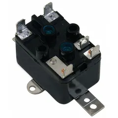 This fan-control relay features a single-pole double-throw (SPDT) contact form with both normally closed and normally open configurations. It operates with a 120V AC coil and is used in HVAC systems to control fan operation or switch between fan speeds based on system demand.