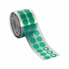 Polyester film masking tape ring designed for high-temperature masking applications. Each ring has a 1/2 in diameter, 2 mil thickness, and 72 yd length. Supplied in green color, 1000 pieces per pack.