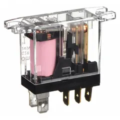 Surface-mounted relay with top flange mounting and square base. SPDT contact configuration rated 10 A at 30V DC resistive load and 240V AC. Quick-connect terminals for wiring. Suitable for general-purpose switching in control panels and automation systems.