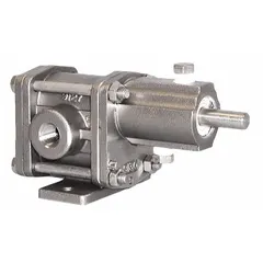 This pedestal-mount rotary gear pump features a stainless steel body for corrosion resistance. It has 1/4" FNPT ports and a flow rate of 1.4 gpm. The pump head is designed for direct drive and does not include a relief valve. Typical applications include transferring clean, non-abrasive fluids in industrial systems.