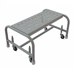 This steel rolling step stool provides a 12-inch standing height and supports up to 450 lb. It features one step, a rectangular gray platform, and four swivel casters for mobility. Suitable for reaching elevated areas in warehouses, stockrooms, and industrial settings.