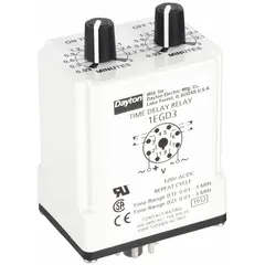 This socket-mounted time delay relay from Dayton is rated for 10 A at 120V AC/DC and features 8 pins/terminals. It is used in industrial control panels to delay switching of loads such as motors, conveyors, or lighting in automation and process control applications.