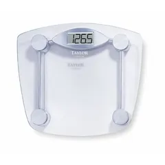Digital bathroom scale for personal weight measurement. Weighs in kilograms with 0.2 kg readability. Features an integrated indicator and a 14 1/4 in wide by 2 1/4 in deep weighing surface. Includes batteries. Not IP rated.