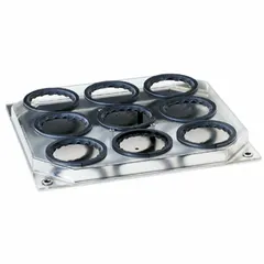 This PTFE Erlenmeyer attachment holds nine 100 mL flasks and is designed for use with the HEIDOLPH Unimax 1010 shaker. It provides a secure platform for mixing, shaking, and incubation in laboratory applications.