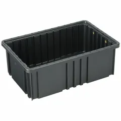 This plastic ESD static-control divider box from QUANTUM STORAGE SYSTEMS measures 16 1/2 in x 10 7/8 in x 6 in and is black. It is designed for organizing and storing small parts in environments where electrostatic discharge control is required, such as workstations and assembly lines. Lid and dividers are not included.