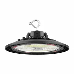 Round LED bay light delivering 33,600 lumens at 5000K color temperature. Operates on 120 to 277V AC and is designed for mounting heights of 18 ft to 22 ft. Suitable for high-bay applications such as warehouses, factories, and gymnasiums.