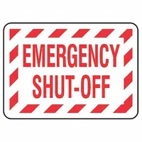 Vinyl emergency shut-off sign with adhesive mounting for quick placement on equipment or panels. Nominal size 3 1/2 x 5 inches. Non-retroreflective, non-glow-in-the-dark. Supplied in a pack of 25
