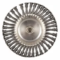 Twisted steel wire wheel brush for heavy cleaning on contoured carbon steel surfaces. Measures 8 inches in diameter with a 5/8-inch face width and 5/8-inch arbor hole. Fill wire diameter is 0.02 inches. Suitable for removing rust, scale, and weld splatter