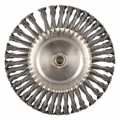 Twisted steel wire wheel brush for heavy cleaning on contoured carbon steel surfaces. Measures 8 inches in diameter with a 5/8-inch face width and 5/8-inch arbor hole. Fill wire diameter is 0.02 inches. Suitable for removing rust, scale, and weld splatter.