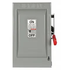 Fusible safety switch for disconnecting and protecting three-phase electrical circuits. Rated 60 A, 600V AC, with galvanized steel enclosure for indoor use. Provides visible break for safe maintenance and overcurrent protection.