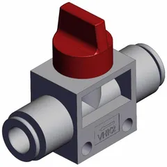 This manual air control valve from the SMC VHK Series features a knob actuator and a side-ported body with 8 mm ports. It is used to start, stop, or redirect compressed air flow in pneumatic systems, suitable for panel-mount or inline applications in automation and assembly lines.